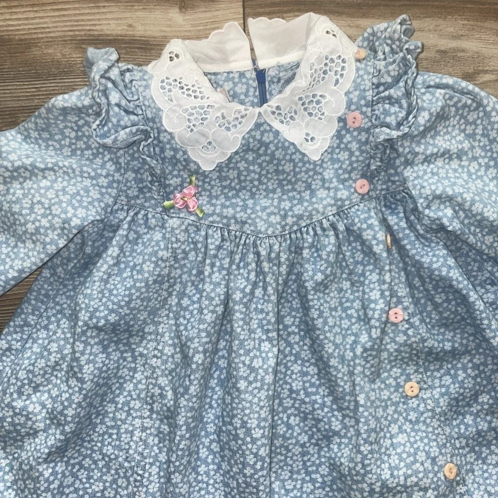 Vintage 1980s Toddler Girl 4 Blue Ditzy Floral Cotton Lace Collar Easter Outfit